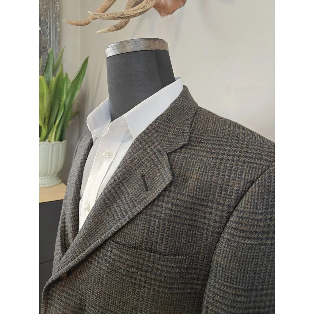 Jos A Bank Mens Vintage Wool Plaid Sport Coat 43R Olive Blue USA Made Blazer